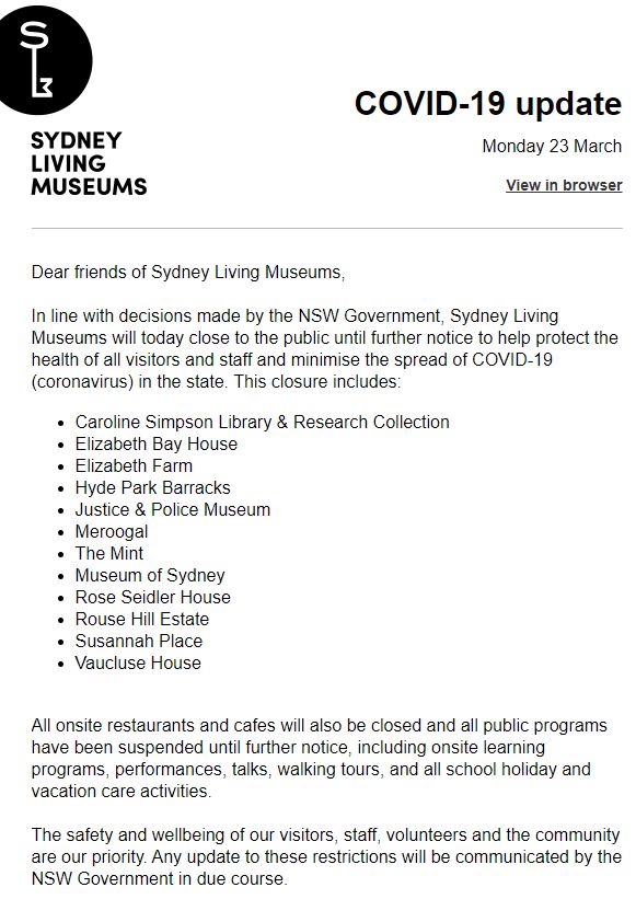 Sydney Living Museums Closed due to COVID-19