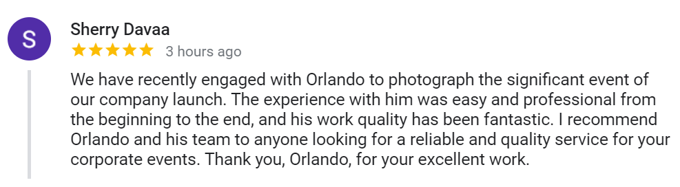5 Star Review for Orlando Sydney Event Photography