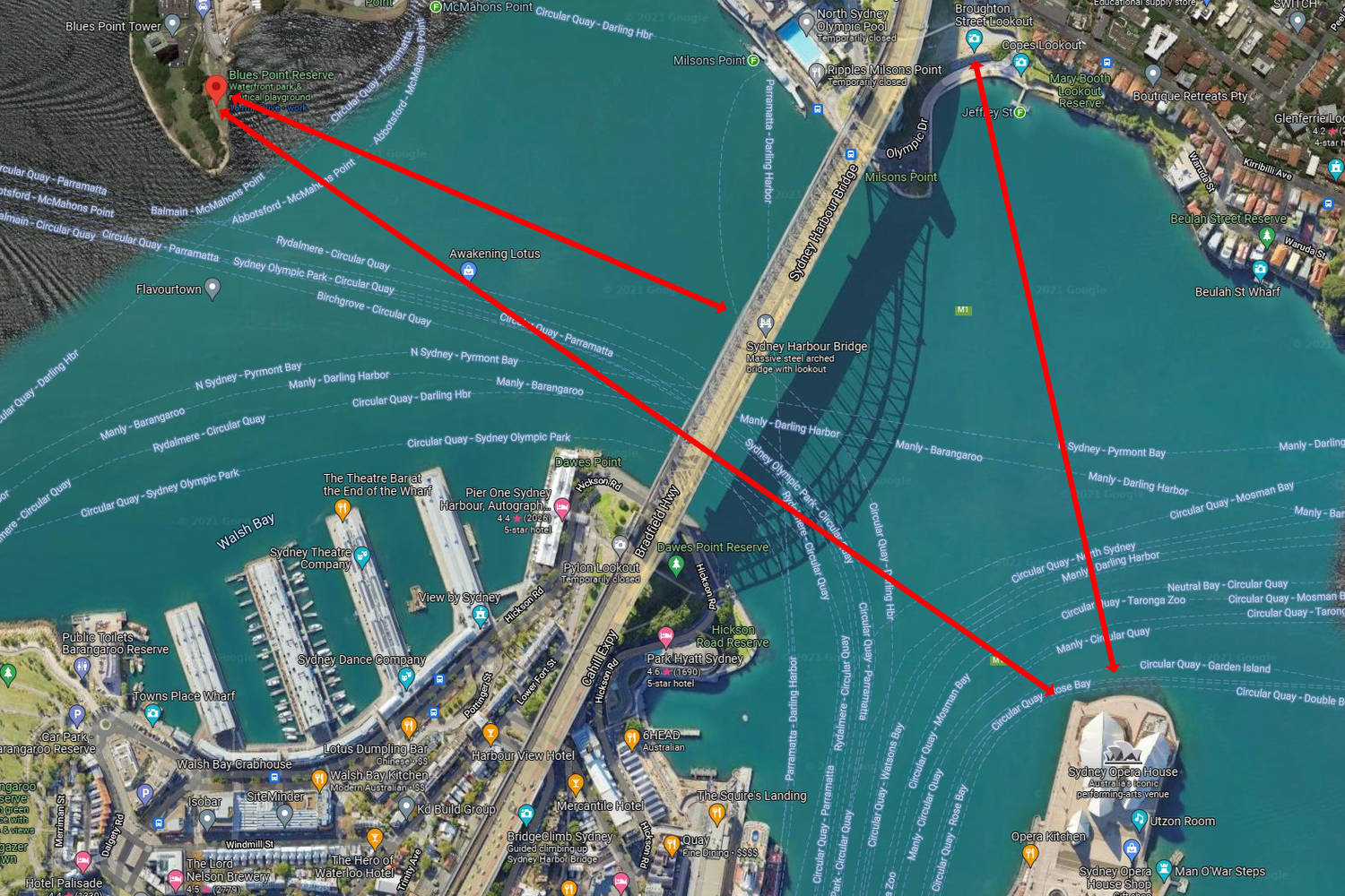 Sydney Harbour Map with Lookouts for Photo Spots from North Sydney