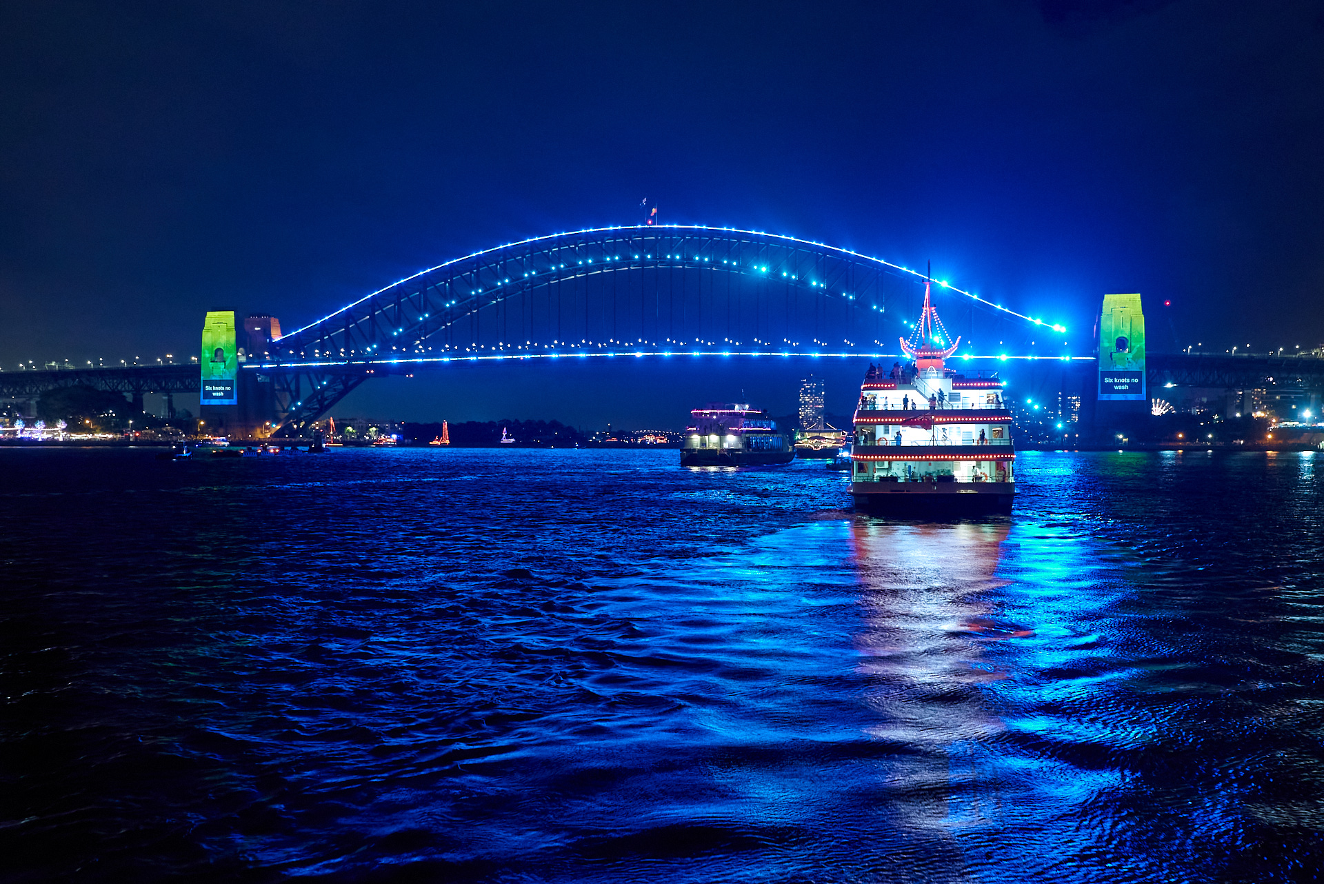 Port Jackson Sydney Harbour, NYE Light Show. Sydney Harbour Bridge at Night