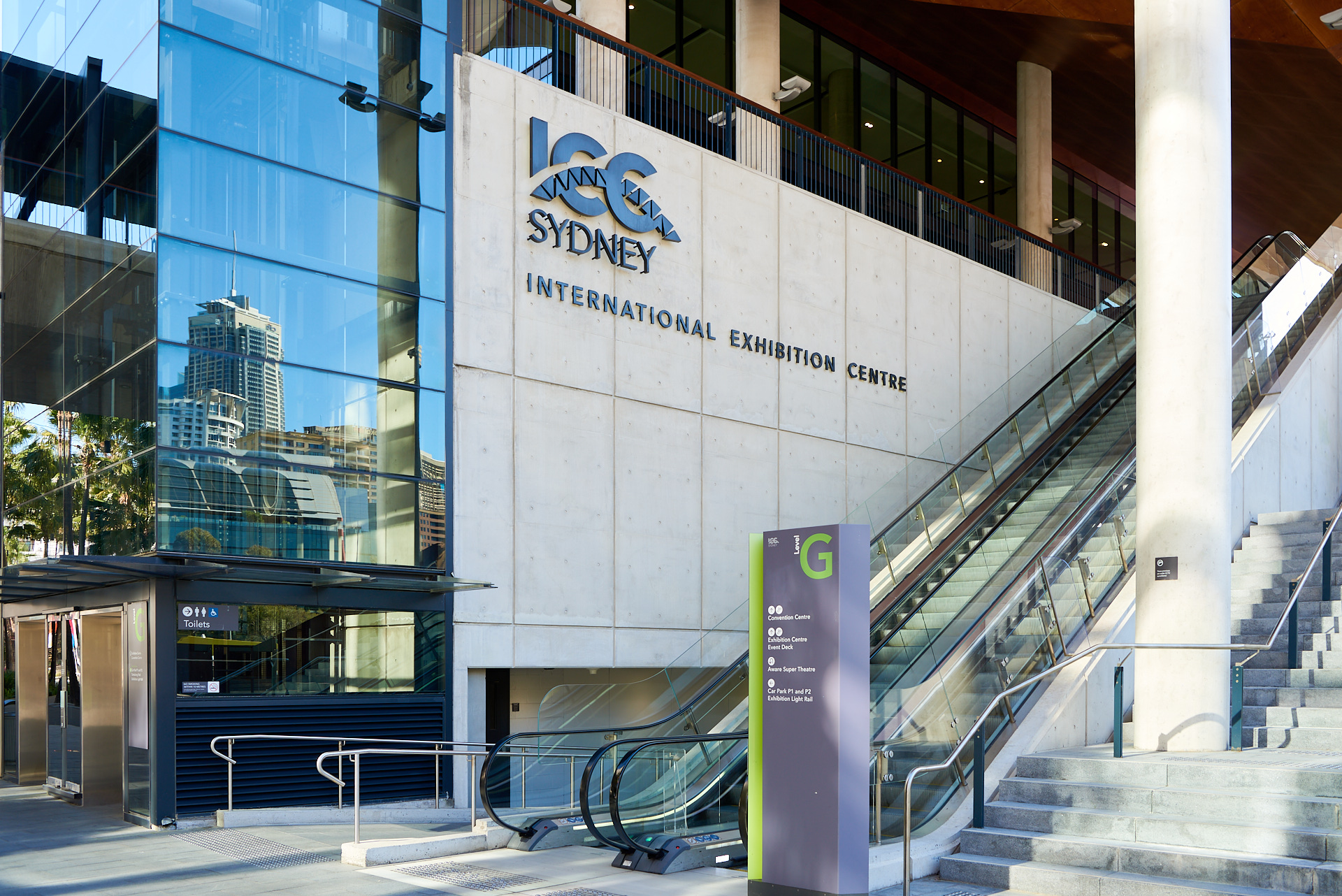 Entrance Photo to Sydney International Exhibition Centre, Trade Show Halls, Stairs to South Entrance, Darling Harbour.