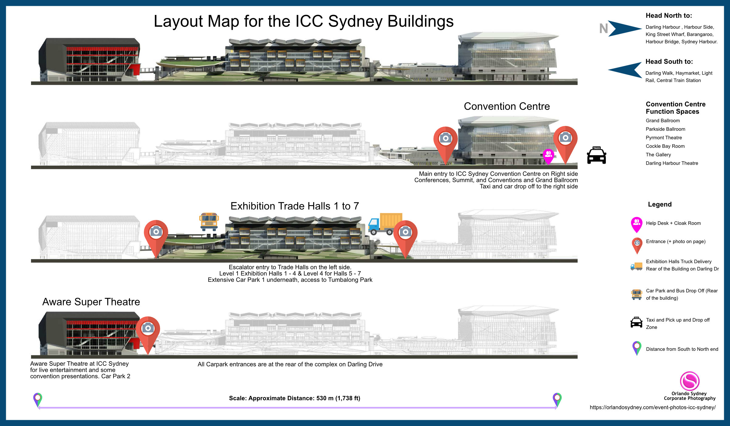 Layout Map for ICC Sydney Buildings. Diagram Showing Relative location, Distance, Convention Centre, the Exhibition Trade Halls, Aware Super Theatre. Corporate Photography by OrlandoSydney.com