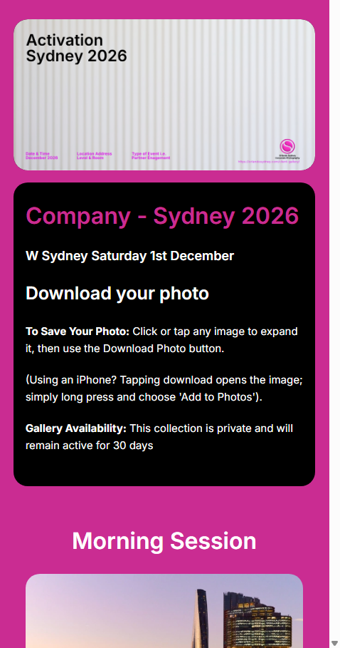 Live Event Photo Gallery, Real Time Guest Galleries for Events. Mobile Phones and Desktop Friendly. By orlandosydney.com